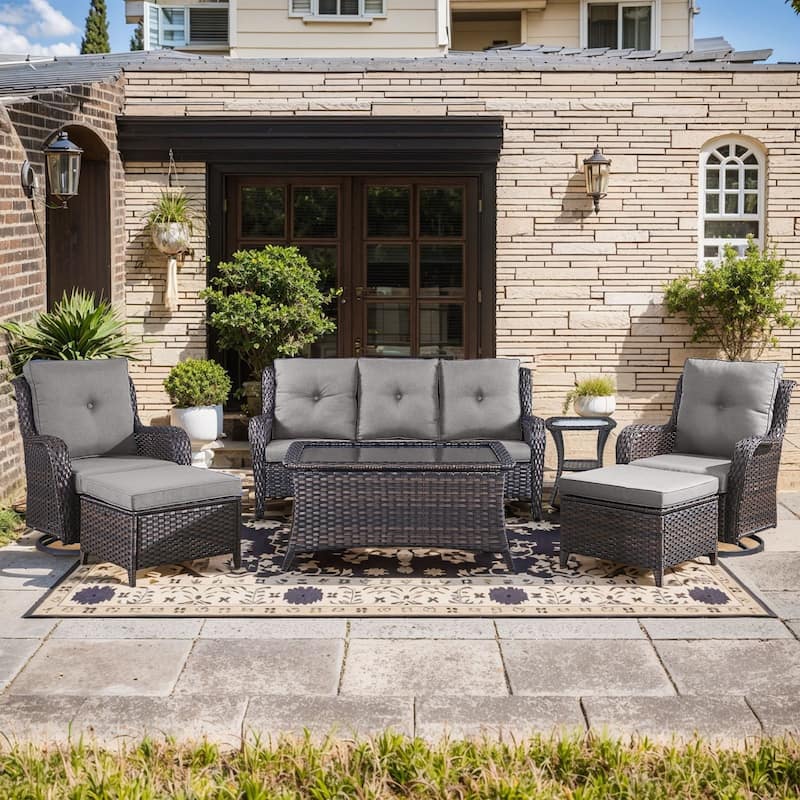 Pocassy Outdoor 7PCS 3-Seat Sofa Swivel Chairs Table Ottoman - Gray cushion - Brown Wicker
