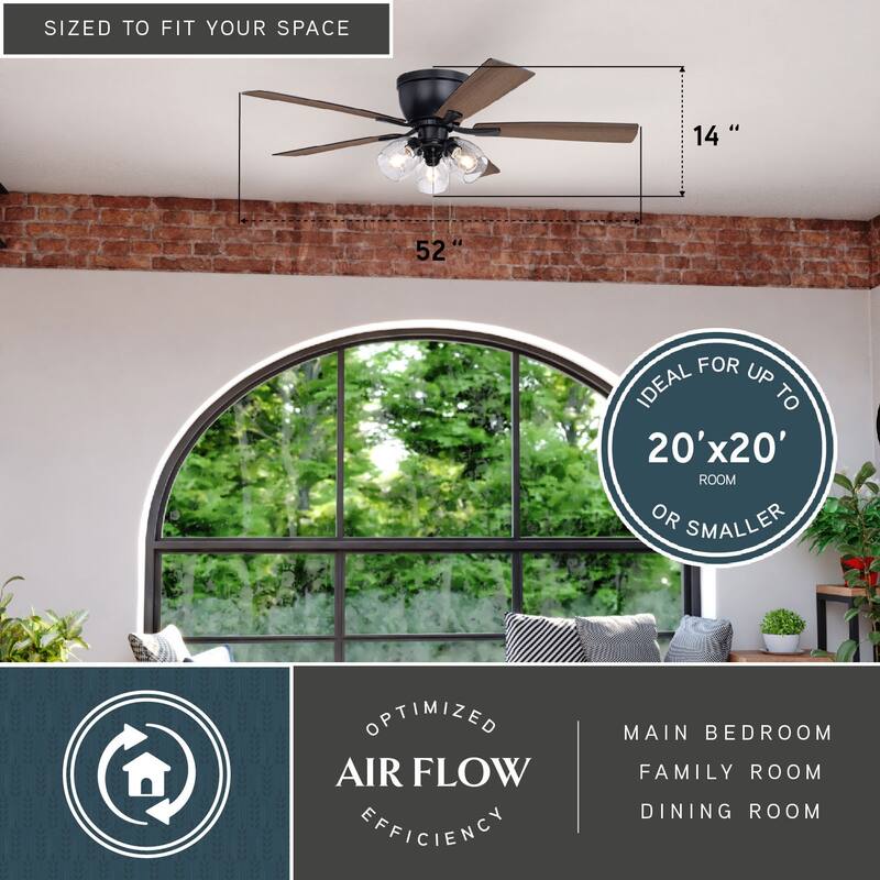 Brayton Transitional 3-Light Flush Mount Ceiling Fan with Light Kit, Pull Chain, Reversible Blades