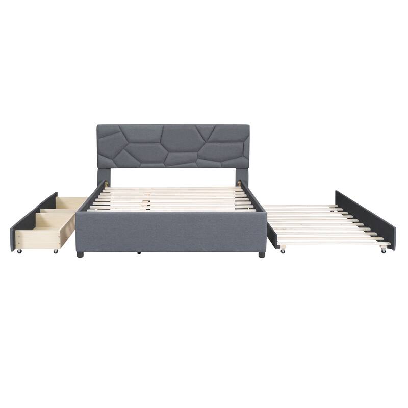Full/Queen Size Upholstered Platform Bed with Stylish Brick Pattern Headboard, Trundle & 2 Drawers, Linen Fabric Comfort