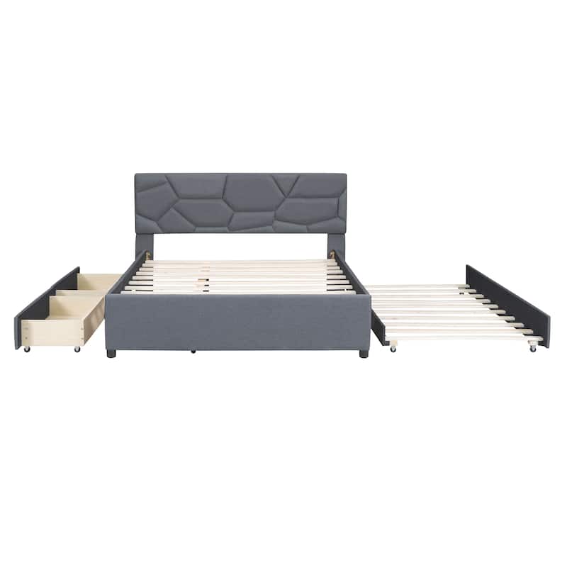 Queen Size Upholstered Platform Bed with Brick Pattern Headboard, with Twin XL Size Trundle Bed Frame and 2 Storage drawers
