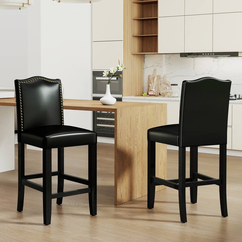 24 Inches Faux Leather Counter Height Bar Stools with Nailhead Trim
