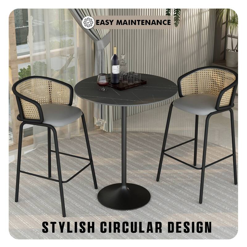 LeisureMod Verve 36" Bar Height Dining Table with Sintered Stone Round Top in Black Padestal Base