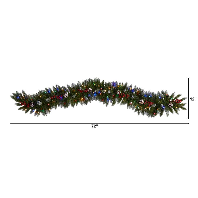 6' Snow Tipped Extra Wide Artificial Christmas Garland with Pinecones, Berries and 100 Multicolor LED Lights - 72