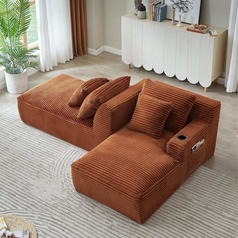 Compressible Double Chaise Lounge With Cupholders - No Assembly Required, Fluffy Modern Sleeper Loveseat