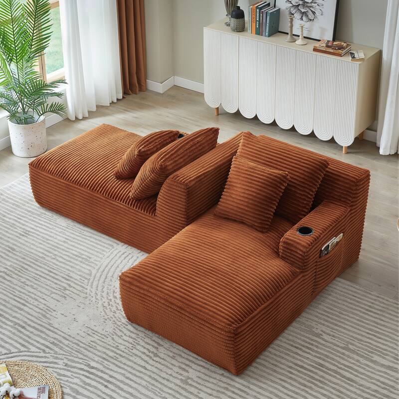Roomfitters Double Chaise Lounge with Cup Holders and Plush Corduroy Upholstery, No Assembly Modern Sleeper Loveseat