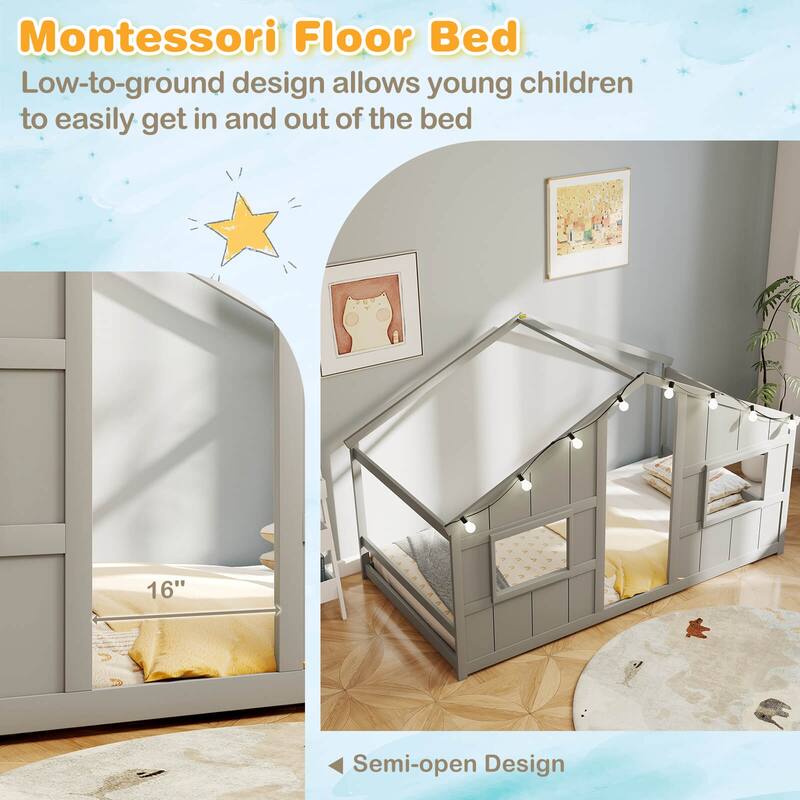 Costway Twin Size House Floor Bed with LED Lights Solid Wood Bed Frame