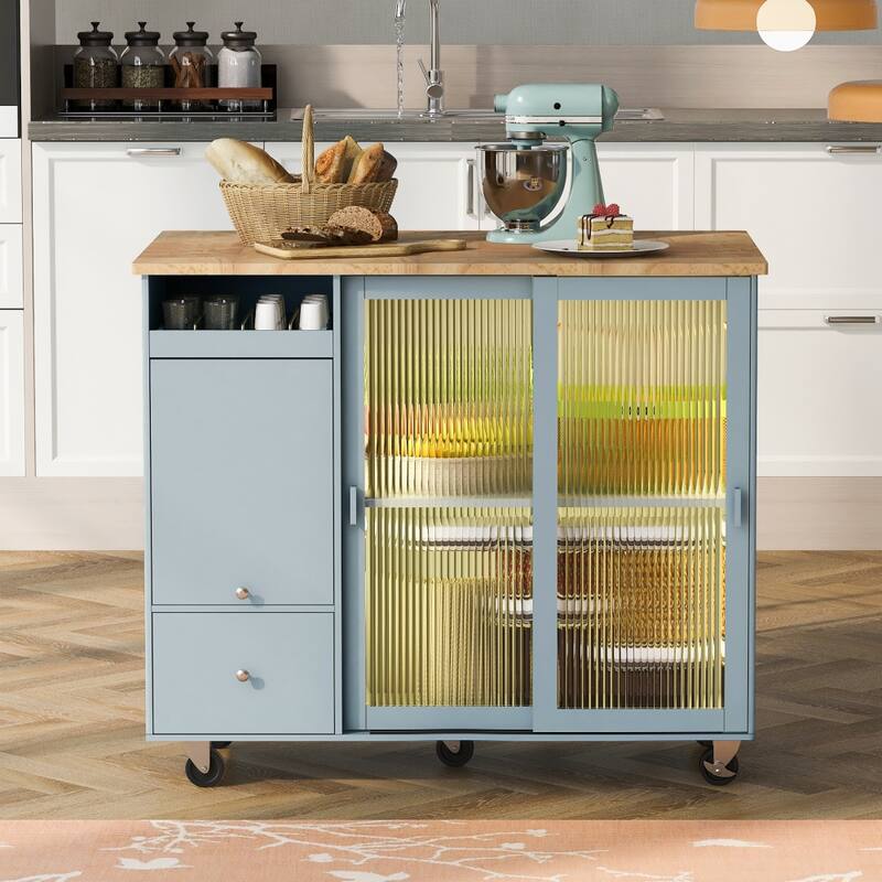 LED Light Kitchen Cart with Drop Leaf and Adjustable Shelf