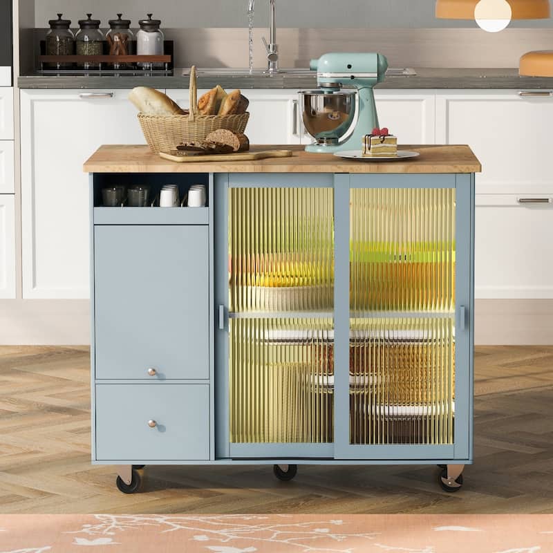 LED Wood 44.03 in. Kitchen Island with Flip Doors Sliding Glass Doors - Grey+blue