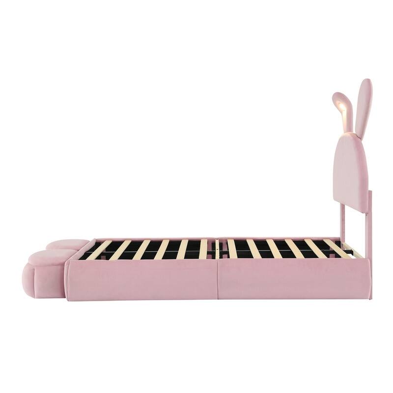Twin/Full Size Upholstered Platform Bed with Cartoon Ears Shaped Headboard & Light, Cute Kids Bed Frame w/2 Small Storage Stools