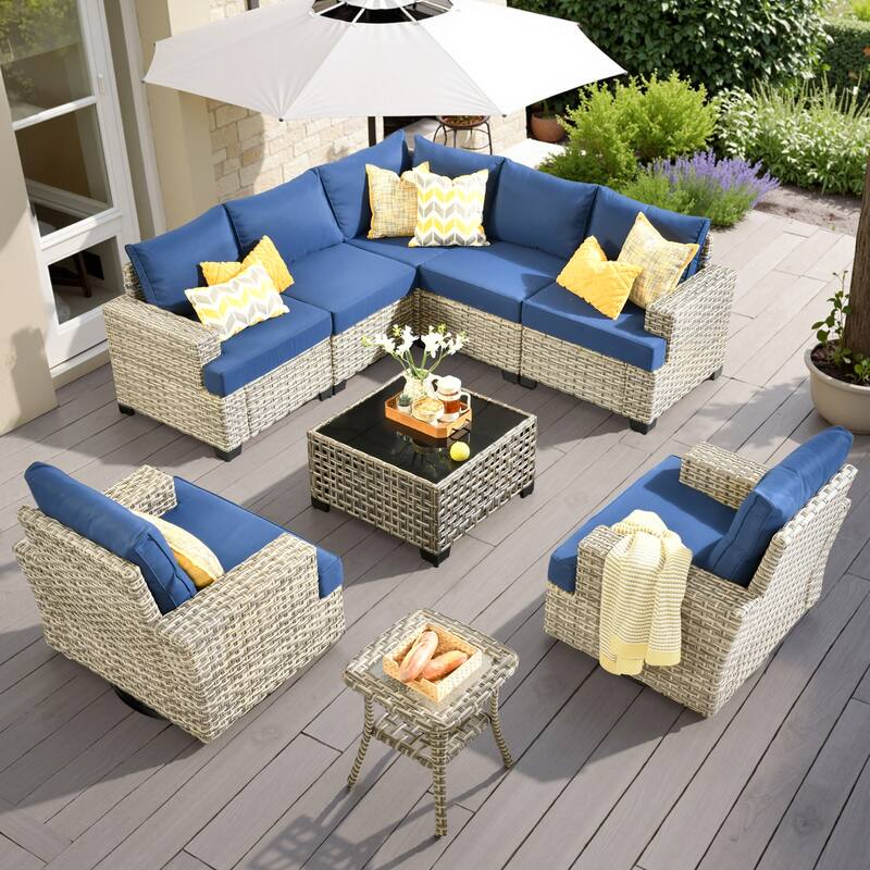 HOOOWOOO 9-piece Patio Wicker Sofa Swivel Chair Sectional Set - Navy Blue