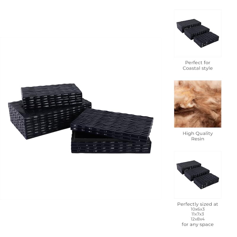 Resin Wood Storage Boxes Textured Design (Set of 3) - 3/4" Blue - 12" x 8" x 4"