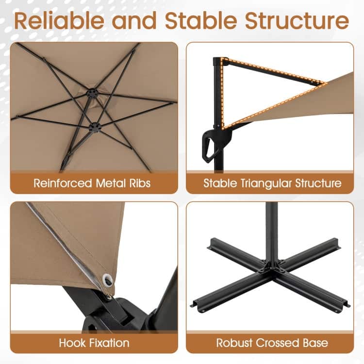 Brown Polyester Metal Cantilever Patio Umbrella with Vent and Stable Base - 9 x 8.2 ft.