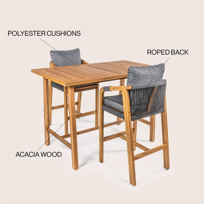 Javea Modern Coastal 3-Piece Acacia Wood Outdoor Bar Set with Cushions, by JONATHAN Y