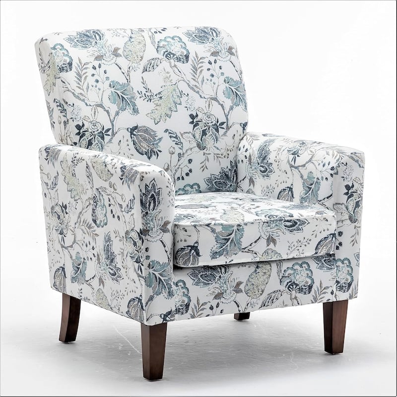 Modern Accent Armchair with Birch Wood Frame and Microfiber Upholstery - Flower Blue