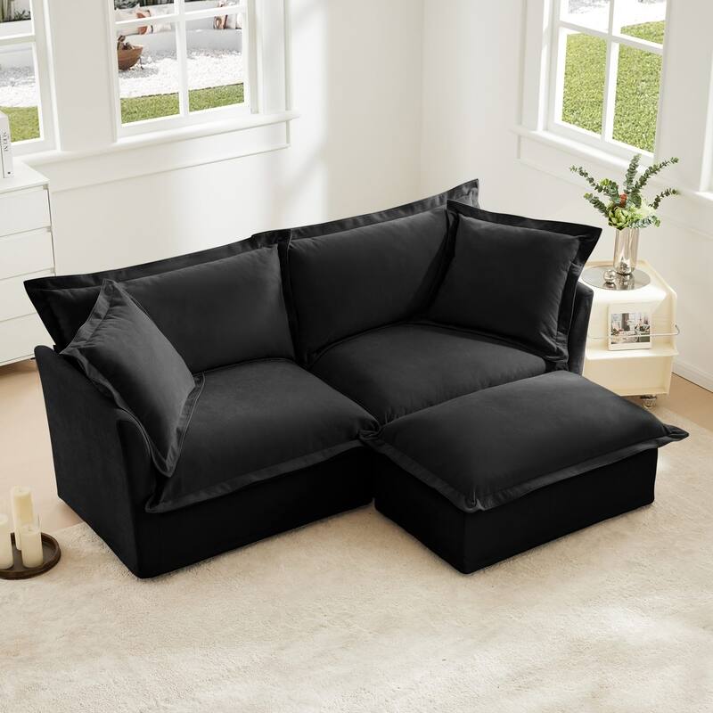 Modern 2 Seater Upholstered Sofa with 1 Ottoman and 2 Pillows