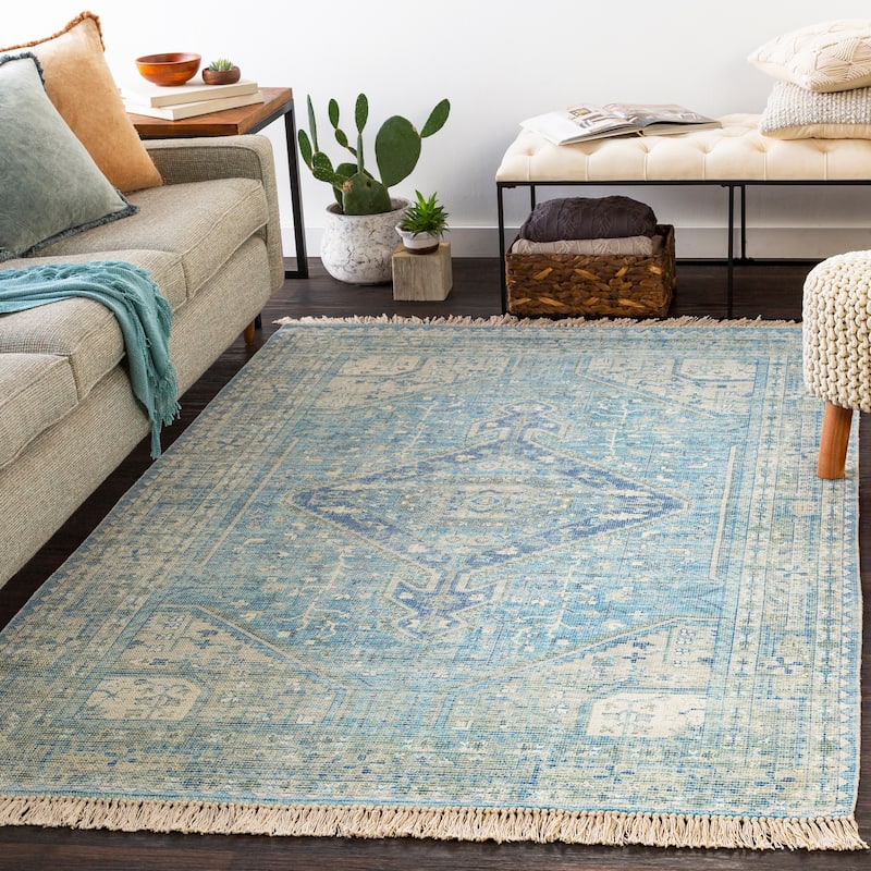 Livabliss Evans Distressed Medallion Handmade Cotton Area Rug - 2' 6" x 8' - Sky Blue
