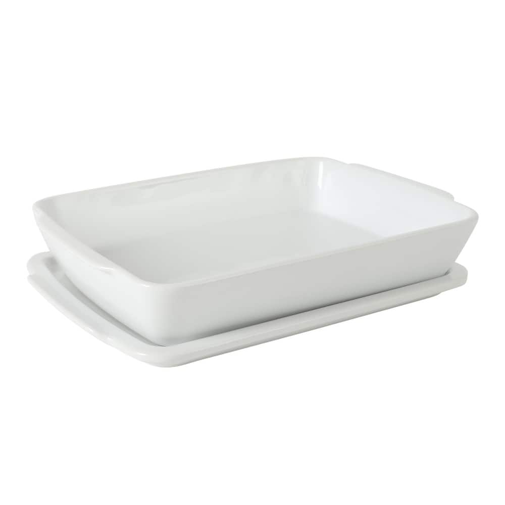 Gibson Home Gracious Dining 2.6Qt with Lid or 2.5Qt White Stoneware Baking Dish with Multi-Purpose Lid - Rectangular