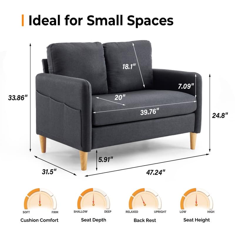 47 in. Modern Comfy Couch Loveseat with Side Storage For Living Room