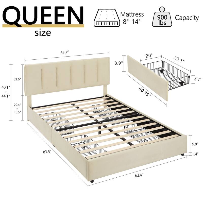 VECELO Bed Frame with 4 Storage Drawers, Upholstered Platform Bed Frame with Adjustable Headboard