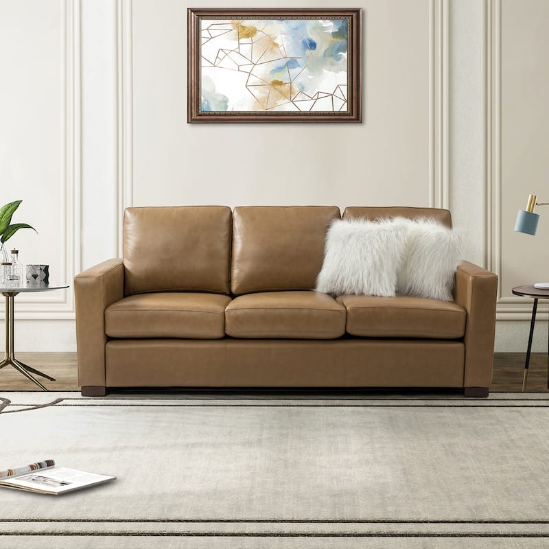 Ernando 83.46" Wide Genuine Leather Sofa with Squared Arms and Pillows