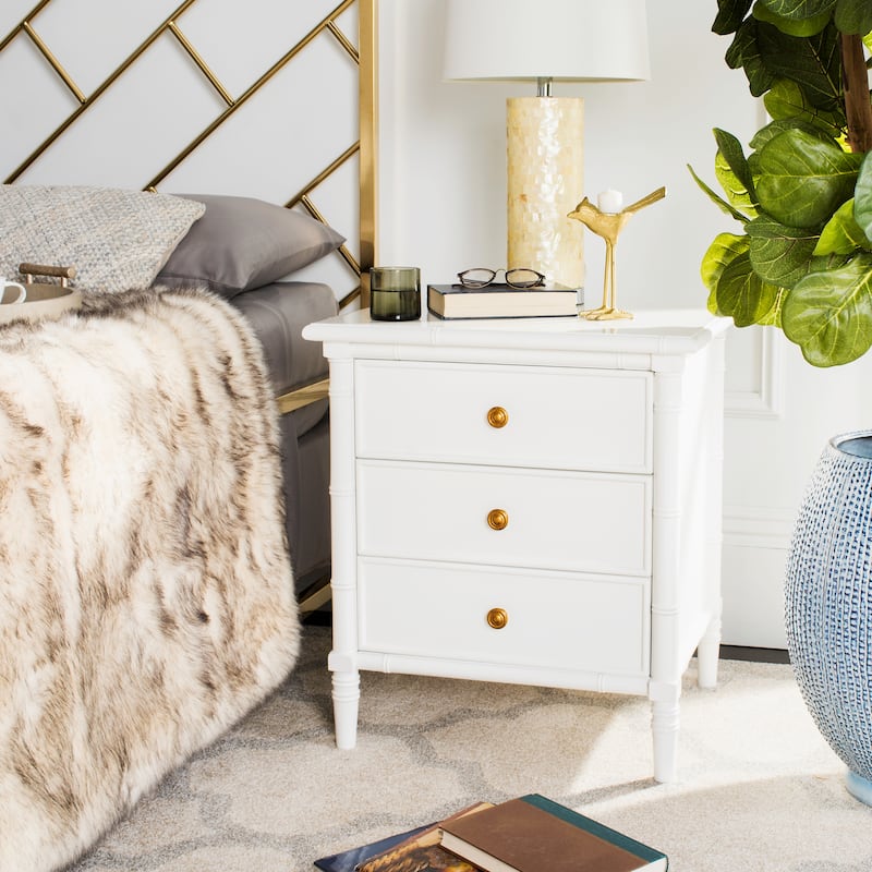 SAFAVIEH Jasmyne Modern Coastal 3-Drawer Navy Bamboo Nightstand - White/Gold