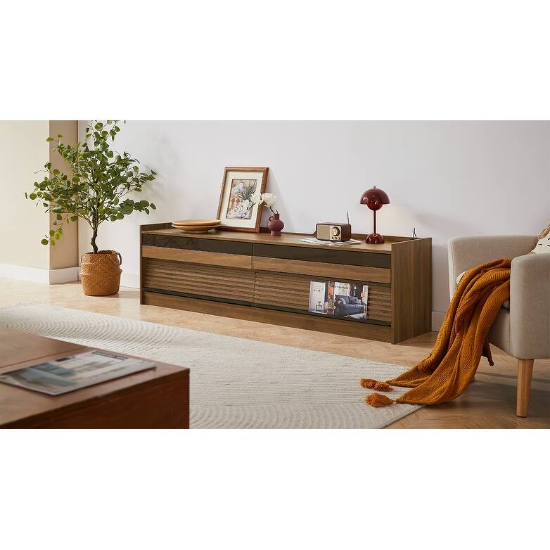 Modern LED TV Stand with 4 Drawers Built-In Charging Ports and Tempered Glass Panel, for Living Rooms