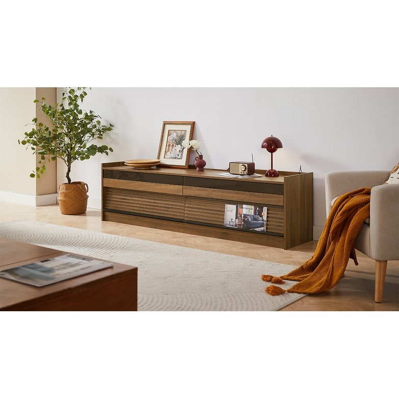 Roomfitters Modern TV Stand with 4 Drawers, Tempered Glass, Charging Ports and Ambient Lighting, Ample Storage
