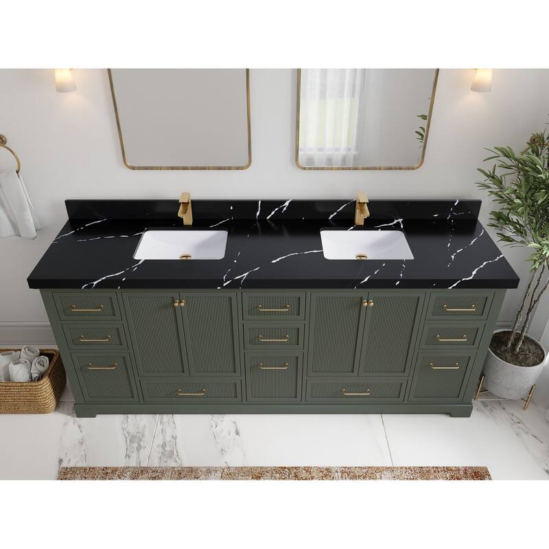 Willow Collections 84 in. W x 22 in. D Alys Double Bowl Sink Bathroom Vanity with Countertop - 2"Calacatta Black - Pewter Green