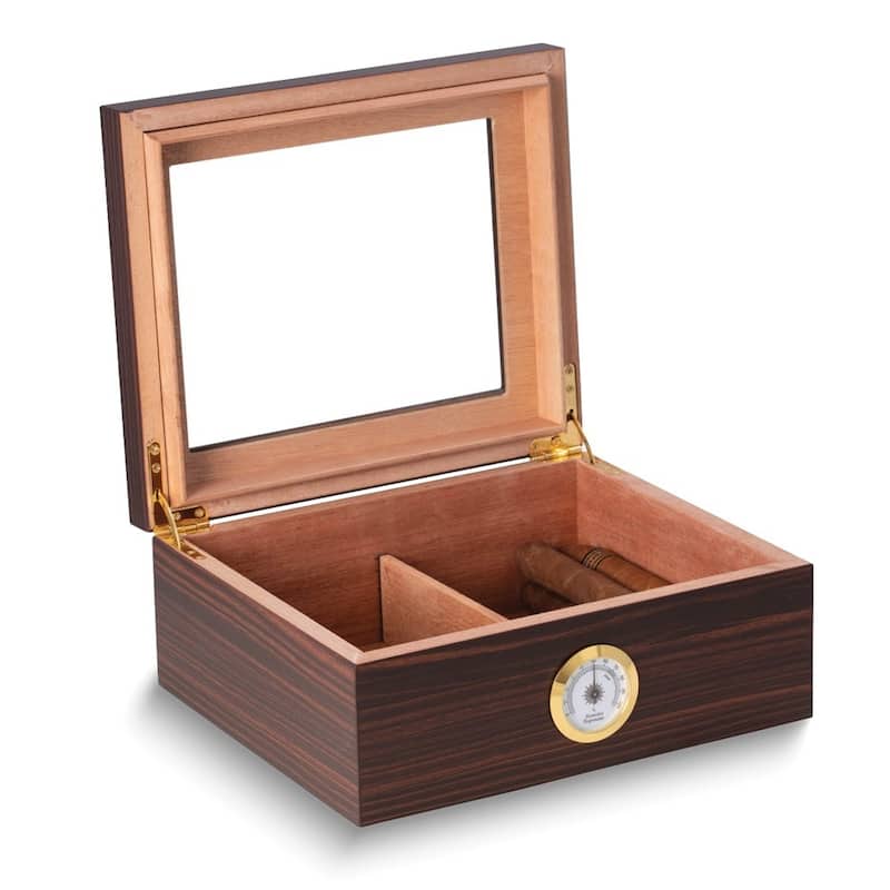 Curata Lacquered Ebony Finish Wood Glass Lid 50-Cigar Humidor Spanish Cedar Lining Hygrometer Humidistat