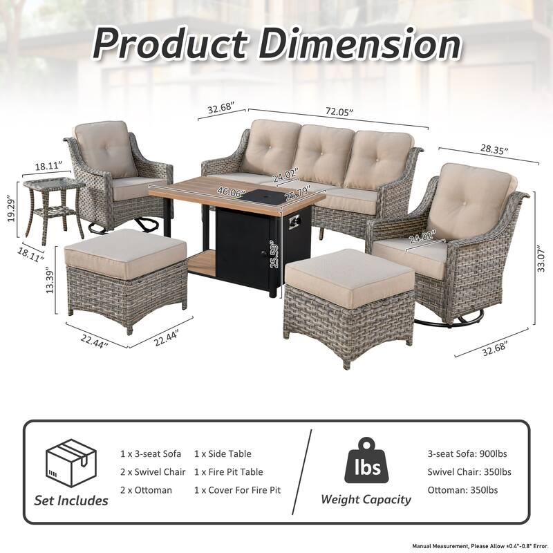 OVIOS 7 Pieces Outdoor Wicker Curved Swivel Chair Set With Fire Table
