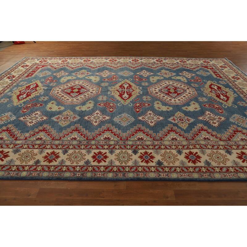 Hand Knotted Oriental 100% Wool Carpet Traditional Geometric Navy Blue & Blues Kazak Area Rug - 13' 7'' X 9' 10''