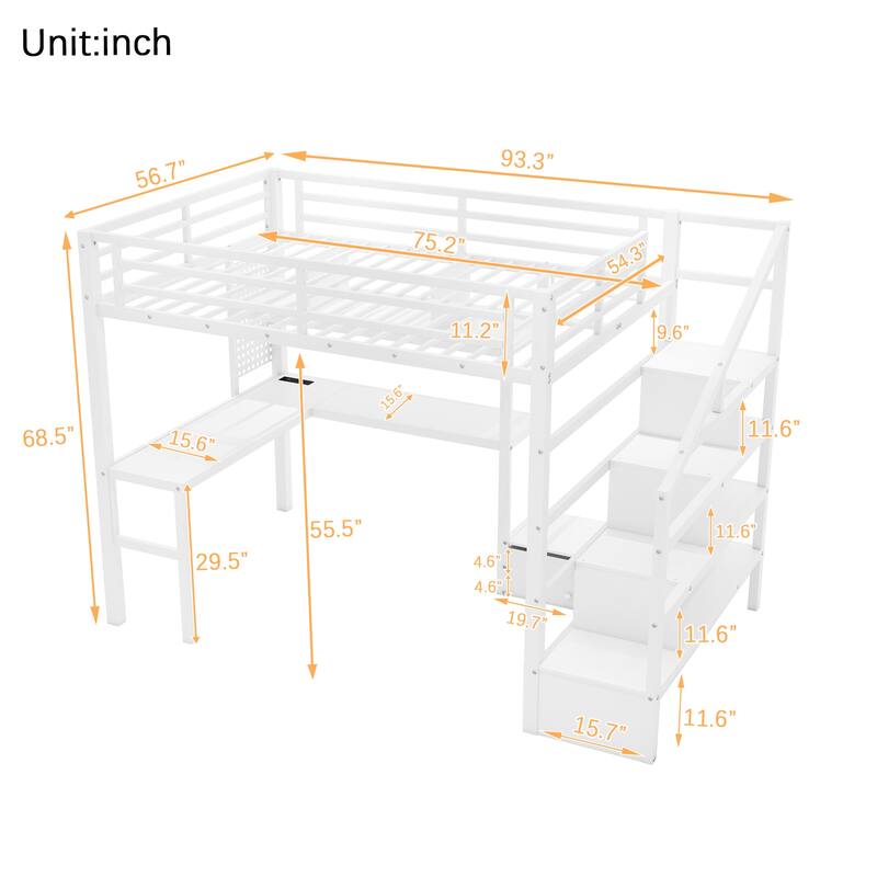 Full Size Metal Loft Bed with LED Lighting and Charging Station, Built-In Desk and Pegboard, Staircase Storage Wardrobe