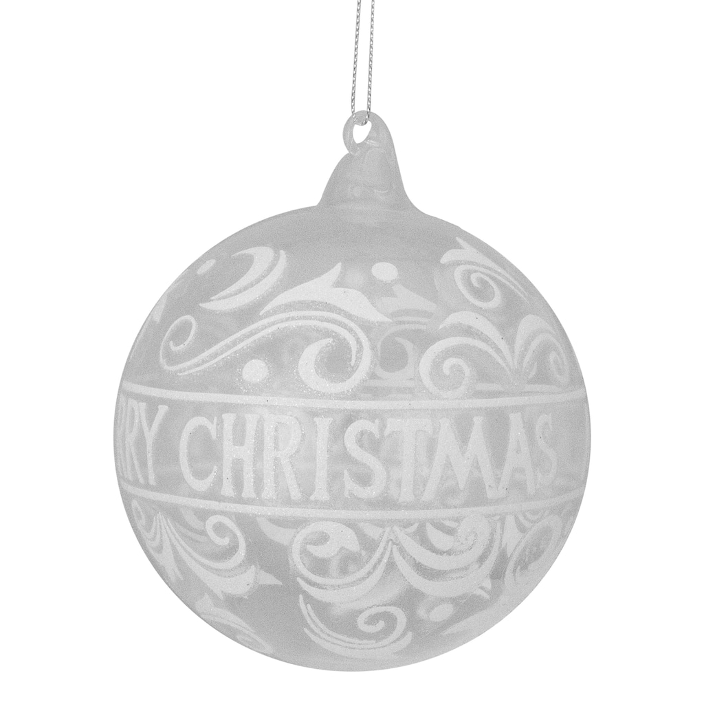 Clear and White "Merry Christmas" Glass Christmas Ball Ornament 4.5"
