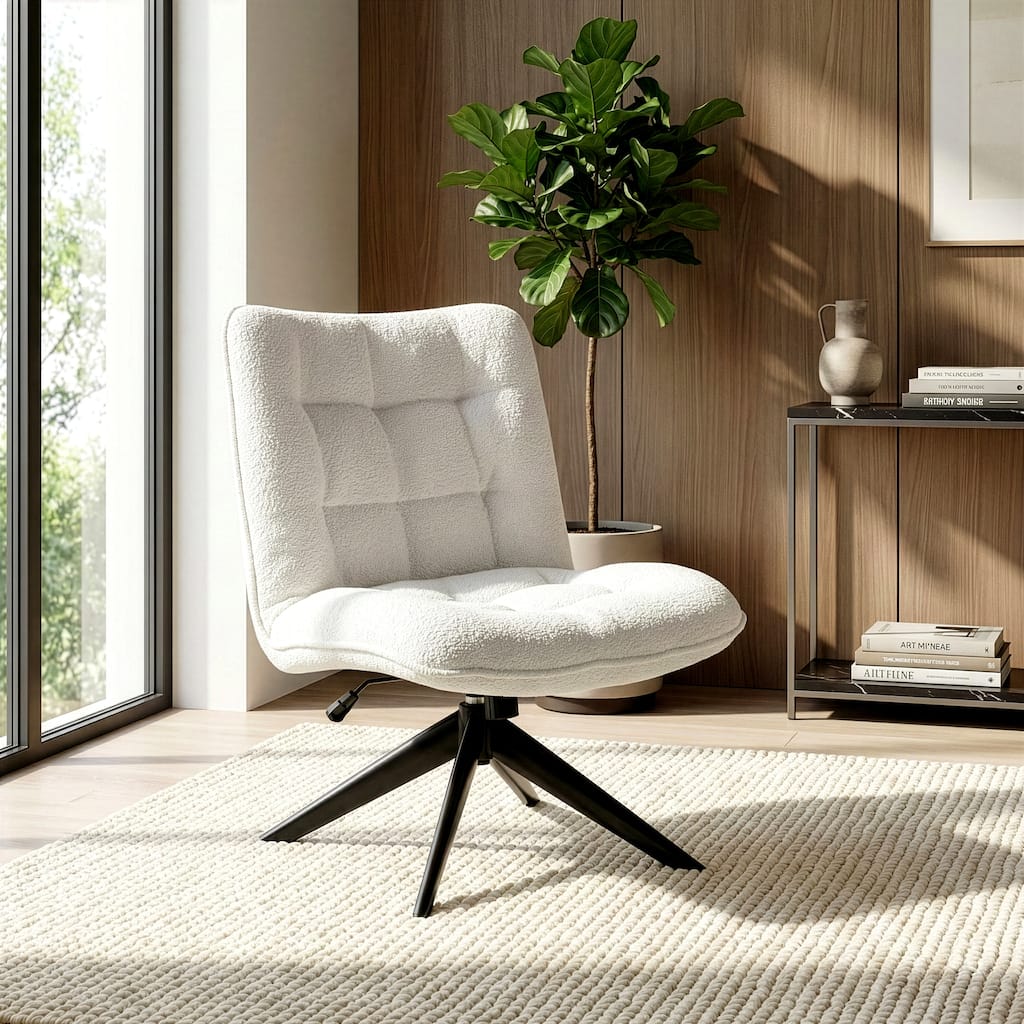 Belva White Boucle Upholstered Fabric Accent Chair with Black Metal Height Adjustable Swivel Legs