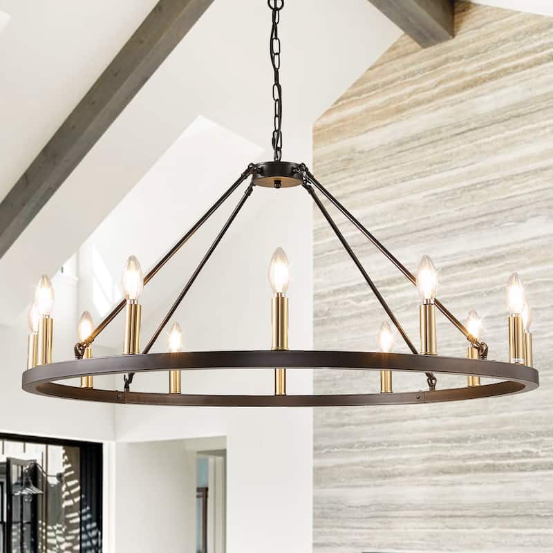 12 Lights Wagon Wheel Chandelier, Round Rustic Farmhouse Chandeliers for Dining Room Foyer Living Room Kitchen Island - Gold