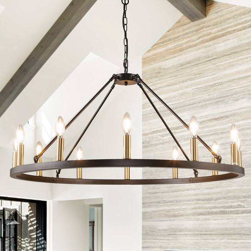 Black Wagon Wheel Chandelier 38 inch, 12-Light Black Round Industrial Farmhouse Chandeliers - Black&Gold