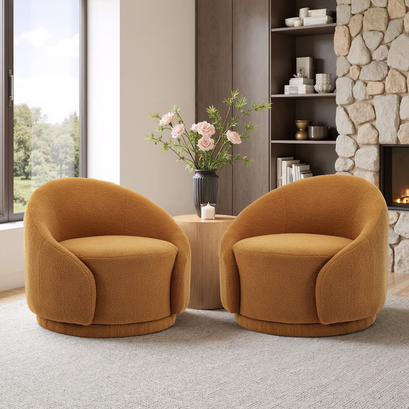 35" Wide Upholstered Swivel Accent Barrel Chairs (Set of 2) - Boucle - Rusted Orange