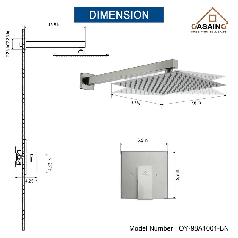 1-Spray Pattern with 1.8 GPM 10 in. with 1.8 GPM Wall Mount Square Fixed Shower Head - 10 inch