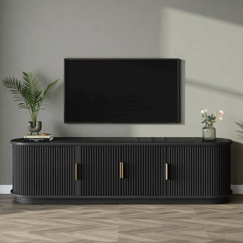 66.9'' Farmhouse TV Stand for 75'' TV, Wooden Media Console with Sliding Tambour Doors & Adjustable Shelves - Black