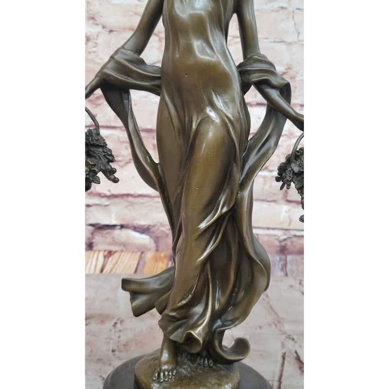 Young Woman Holding Baskets Of Flowers Grapes Bronze Sculpture Statue Decor