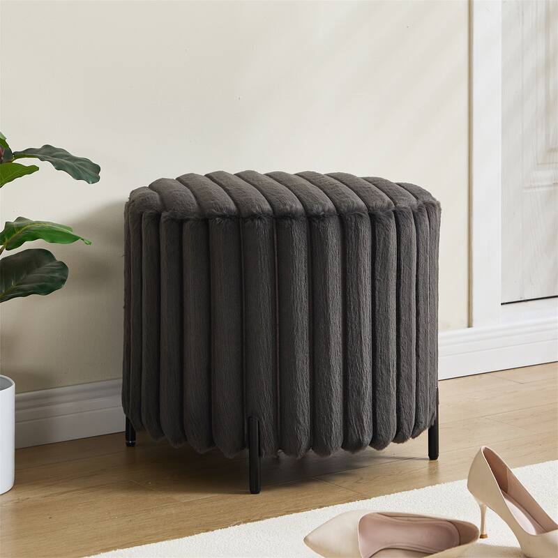 22.05" Upholstered Round Ottoman with Metal Legs for Bedroom - Charcoal