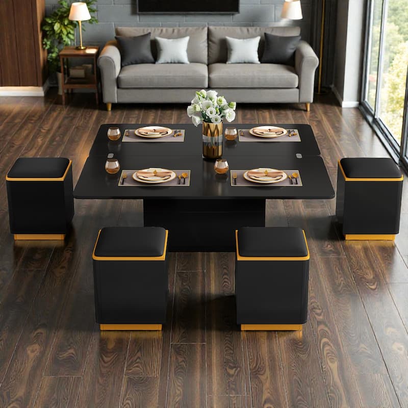 Lift Top Coffee Table with Storage Stools, High Gloss Modern Convertible Coffee Dining Table with Foldable Top