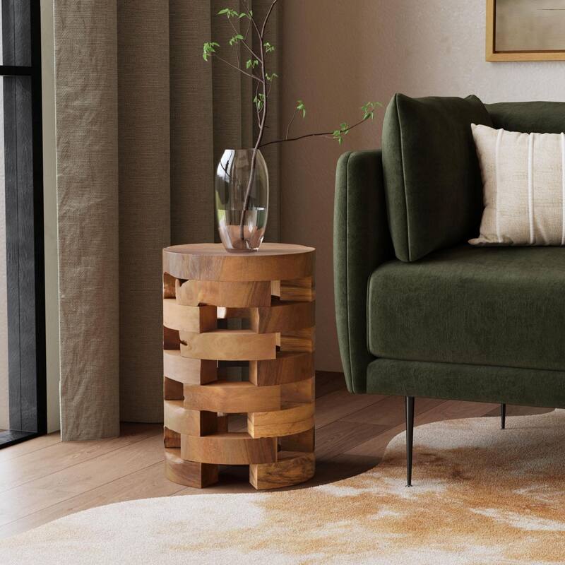 Lorena Round Drum Accent Table – Solid Plantation Teak Open-Slat Design by East at Main - Natural