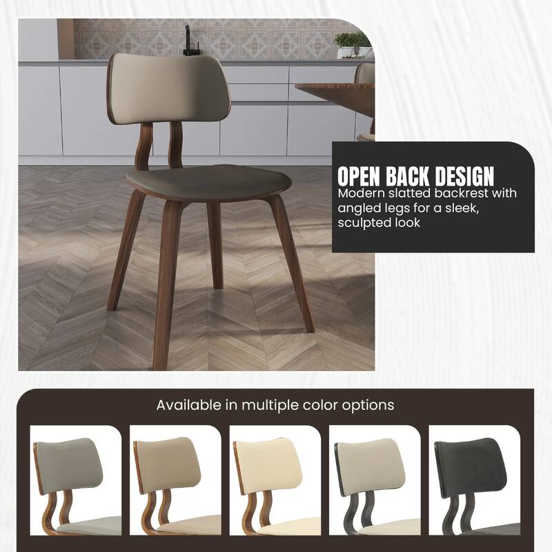 Clivo Leather Dining Chair with Open-Back and Poplar Wood Legs for Kitchen or Dining Room Set of 2