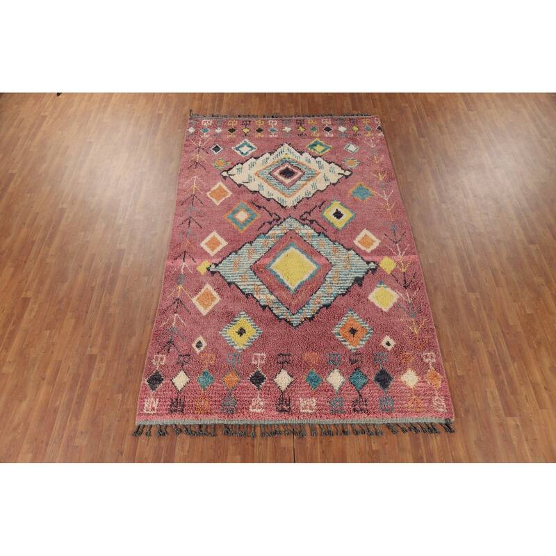 Pink Moroccan Oriental Area Rug Hand-Knotted Wool Carpet - 7'10" x 11'1"