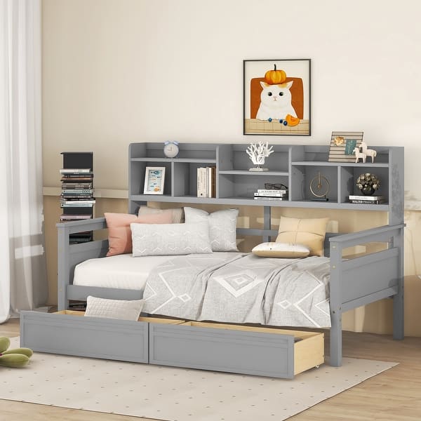 slide 2 of 18, Twin size Daybed, Wood Slat Support, with Bedside Shelves and Two Drawers Gray