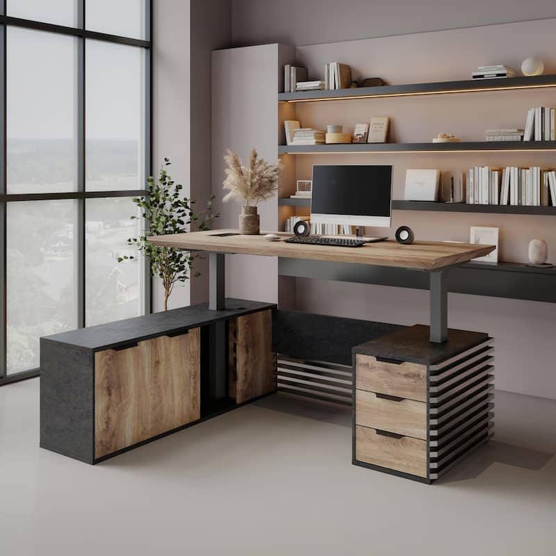 Adjustable Height Executive L Shaped Standing Desk w/ Cable Box Drawers Cabinets