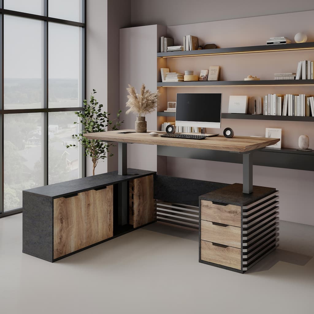 Adjustable Height Executive L Shaped Standing Desk w/ Cable Box Drawers Cabinets