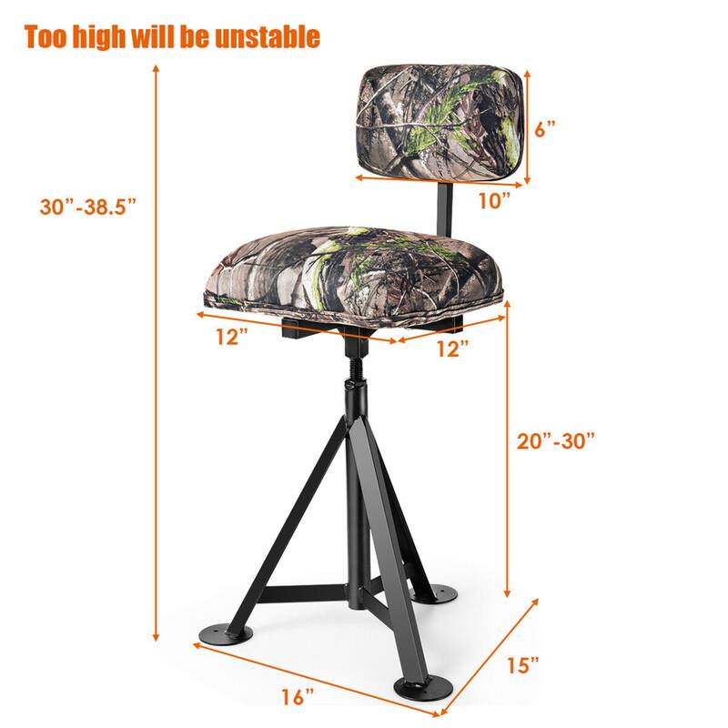 Gymax Swivel Hunting Chair Tripod Blind Stool w/ Detachable Backrest - 16'' x 15'' x 30''