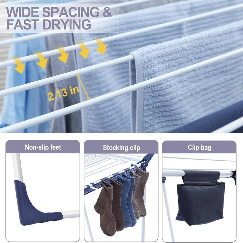 Clothes Drying Rack, Foldable Laundry Rack with Sock Clips - 34.64"D x 65.74"W x 42.12"H